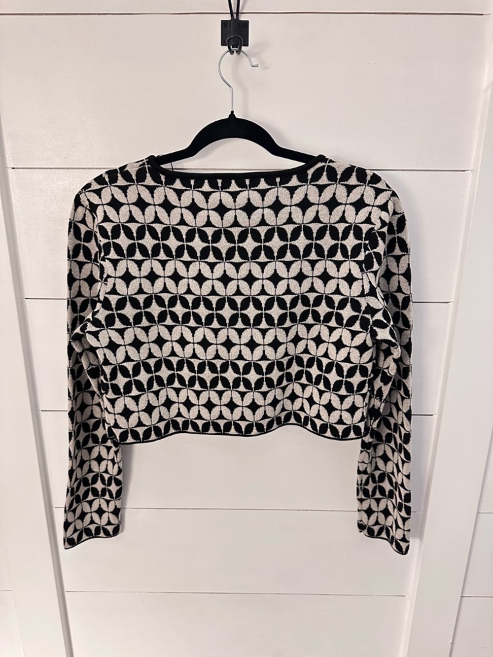 ZARA M Knit 2 Piece Set Crop Cardigan + Strappy Cami Black Cream Geometric Print - Picture 3 of 12